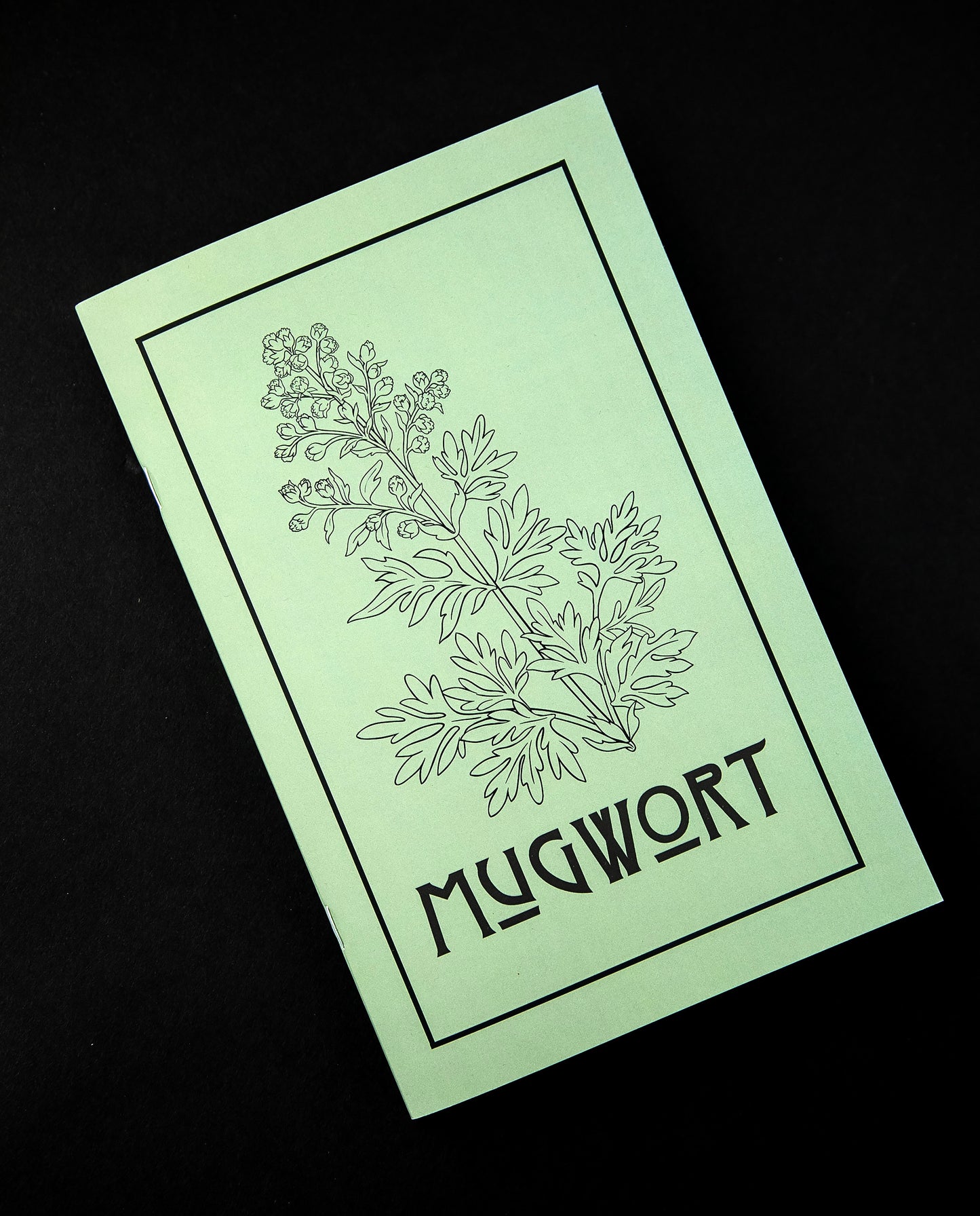 Herbal Revolution's zine about mugwort on black background. The cover is light green, reads