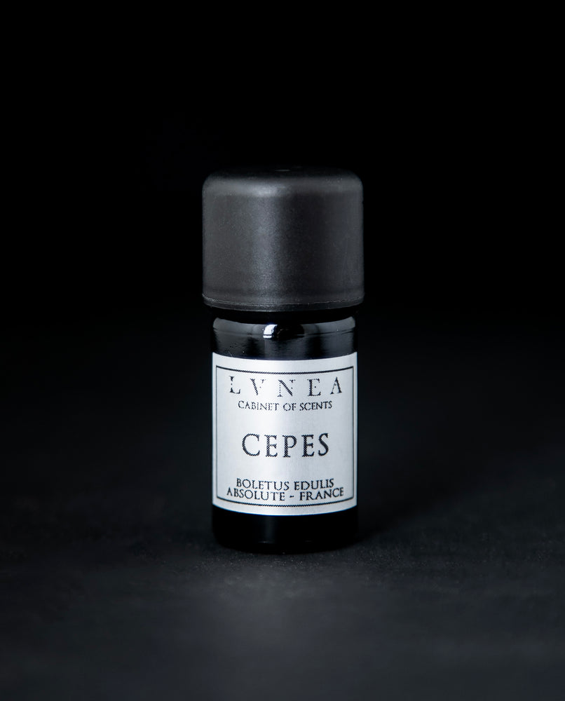 5ml black glass bottle with silver label of LVNEA's cepes absolute on black background