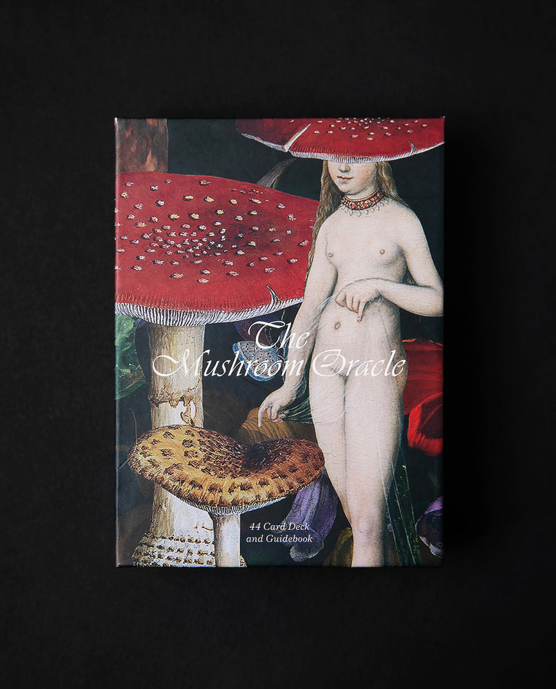 Box containing Broccoli's "The Mushroom Oracle" deck of oracle cards. There is a collage of amanita muscaria mushrooms surrounding a nude body on the cover.