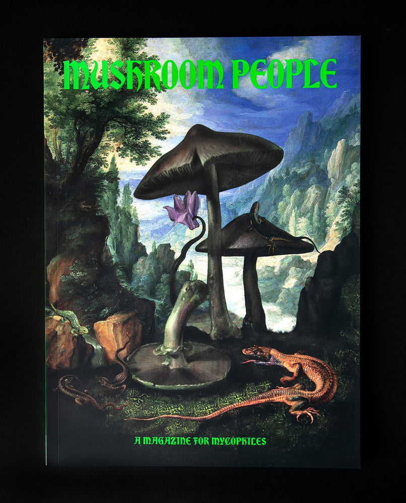 A copy of "Mushroom People" magazine on black background. The cover features a collage of vintage botanical illustrations of mushrooms, lizards and botanicals in a naturalistic forested mountain setting.