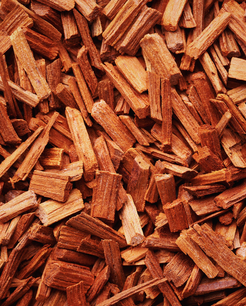 Close up of reddish sandalwood chips