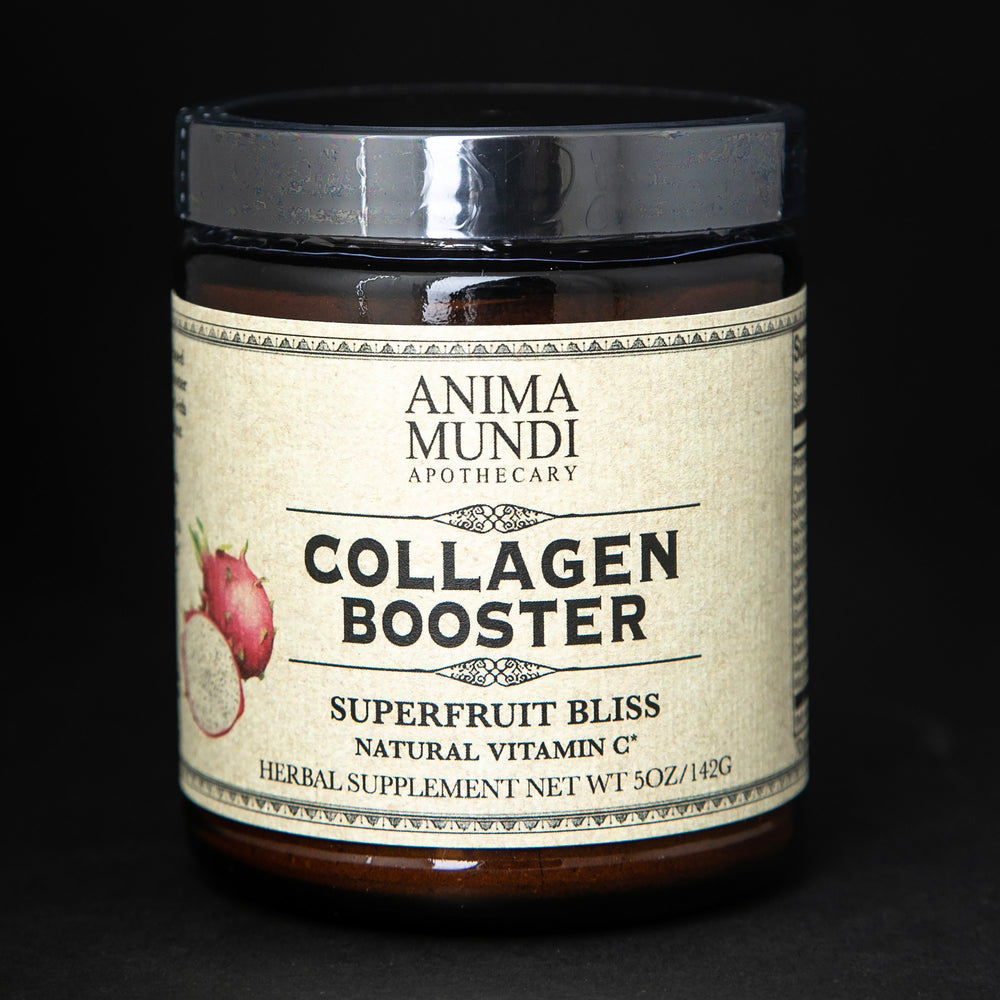 5oz amber glass jar with black lid and tan label. It contains Anima Mundi's "Collagen Booster" herbal supplement.