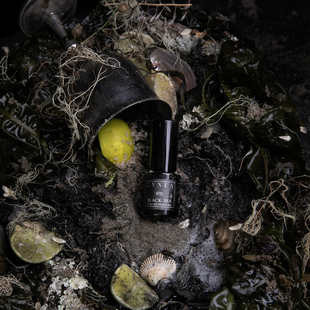 
                      
                        Bottle of LVNEA's cult classic Black Sea fragrance spilling out of a silver goblet onto a sandy surface strewn with seaweed and shells
                      
                    