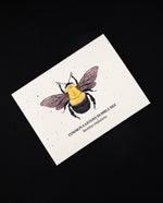 Greeting card with illustration of a common eastern bumblebee on it, printed of off-white plantable natural paper studded with wildflower seeds.