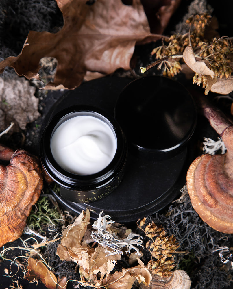 LVNEA's "Mushroom & Marshmallow" botanical face and body cream housed in a 50ml black glass jar on black background.