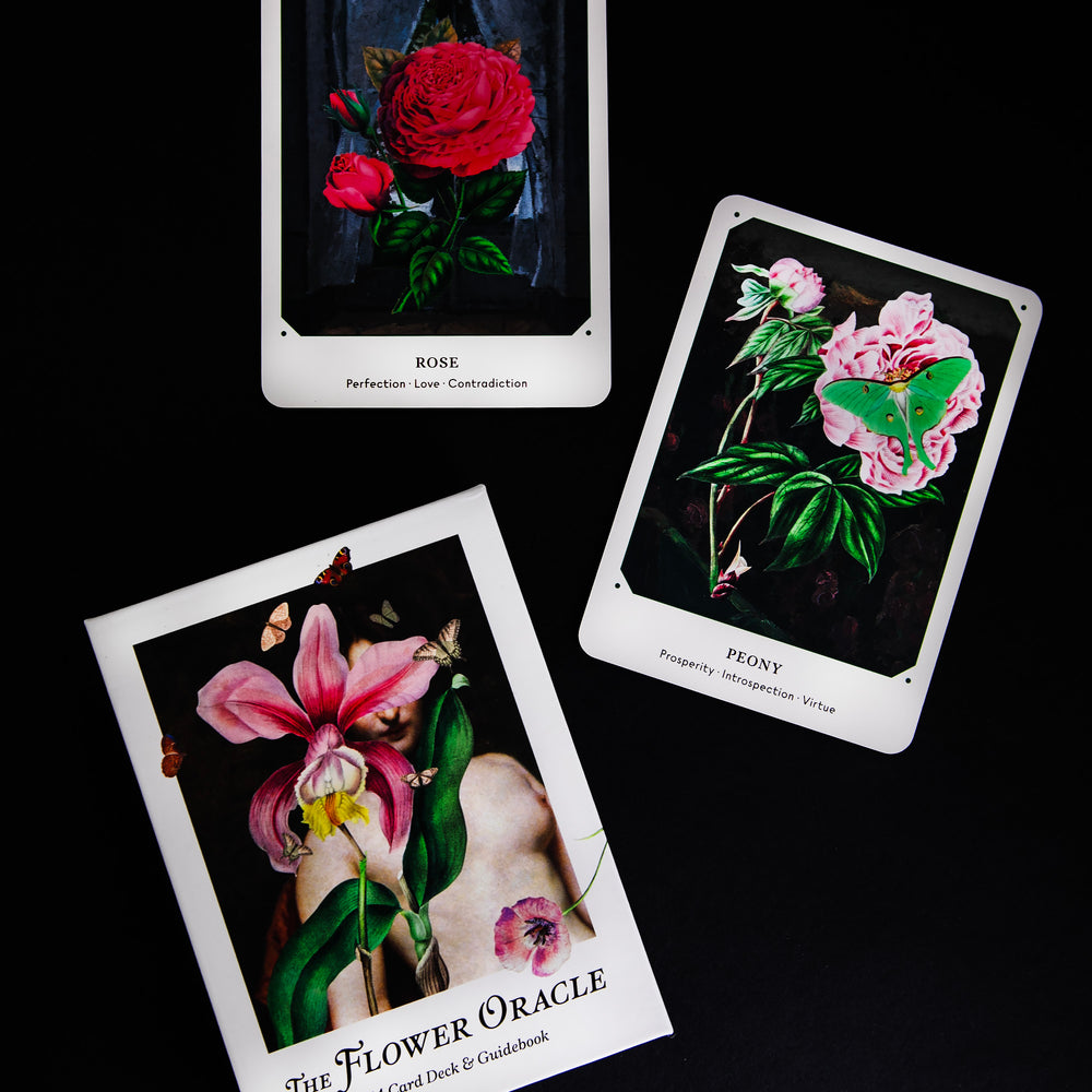 
                      
                        Assortment of cards pulled from the "Flower Oracle" deck - peony, rose, and the box's cover are shown.
                      
                    