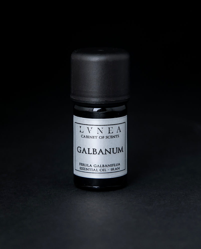 5ml bottle of LVNEA's galbanum essential oil on black background