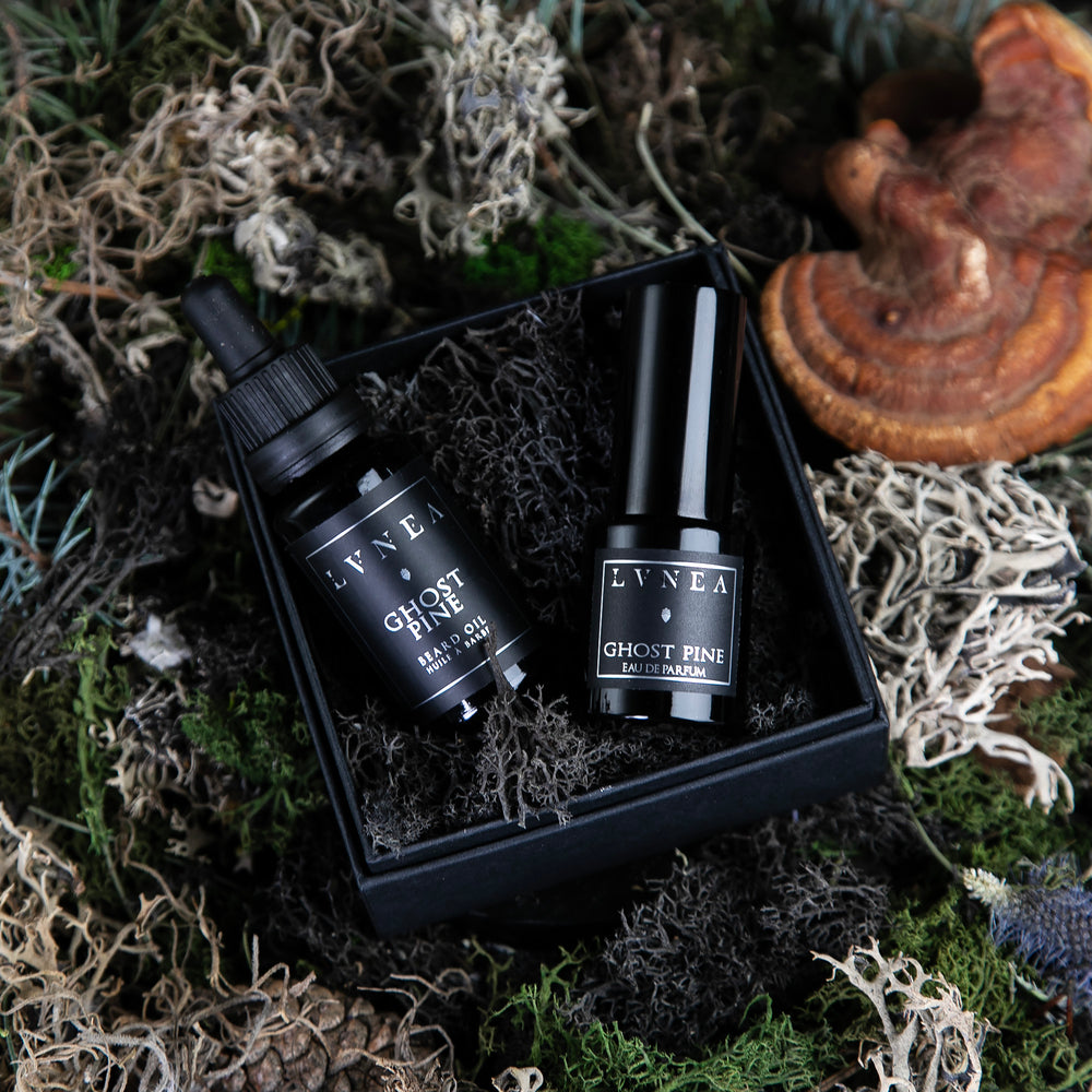 
                      
                        LVNEA's Ghost Pine Gift Set on a bed of moss and pine needles. It consists of a 20ml black glass dropper bottle of beard oil and a 15ml black glass spray bottle of Eau de parfum, in a moss-laden black cardboard box.
                      
                    