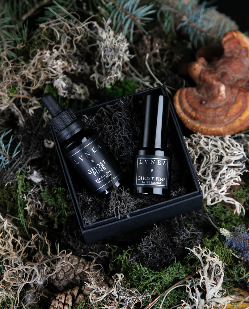 LVNEA's Ghost Pine Gift Set on a bed of moss and pine needles. It consists of a 20ml black glass dropper bottle of beard oil and a 15ml black glass spray bottle of Eau de parfum, in a moss-laden black cardboard box.