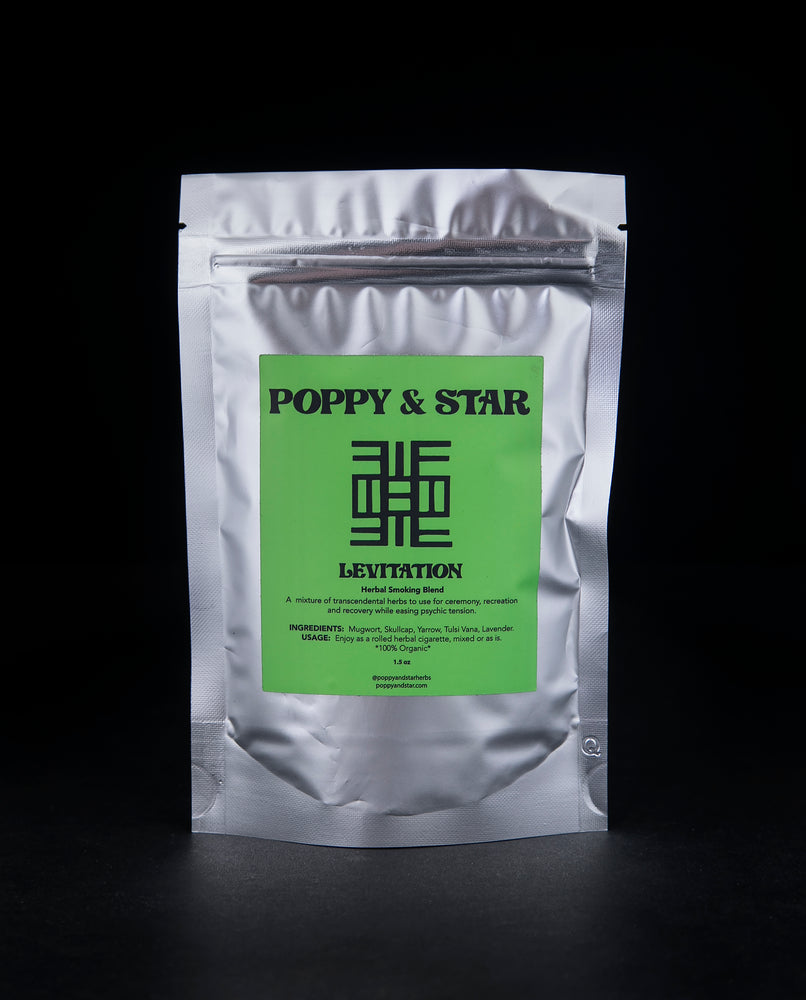 1.5 oz silver bag with green label containing Poppy & Star's "Levitation" rolling blend.