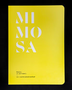 "Mimosa in Perfumery" book on black background. The cover is bright yellow and reads "MIMOSA" in bold white letters