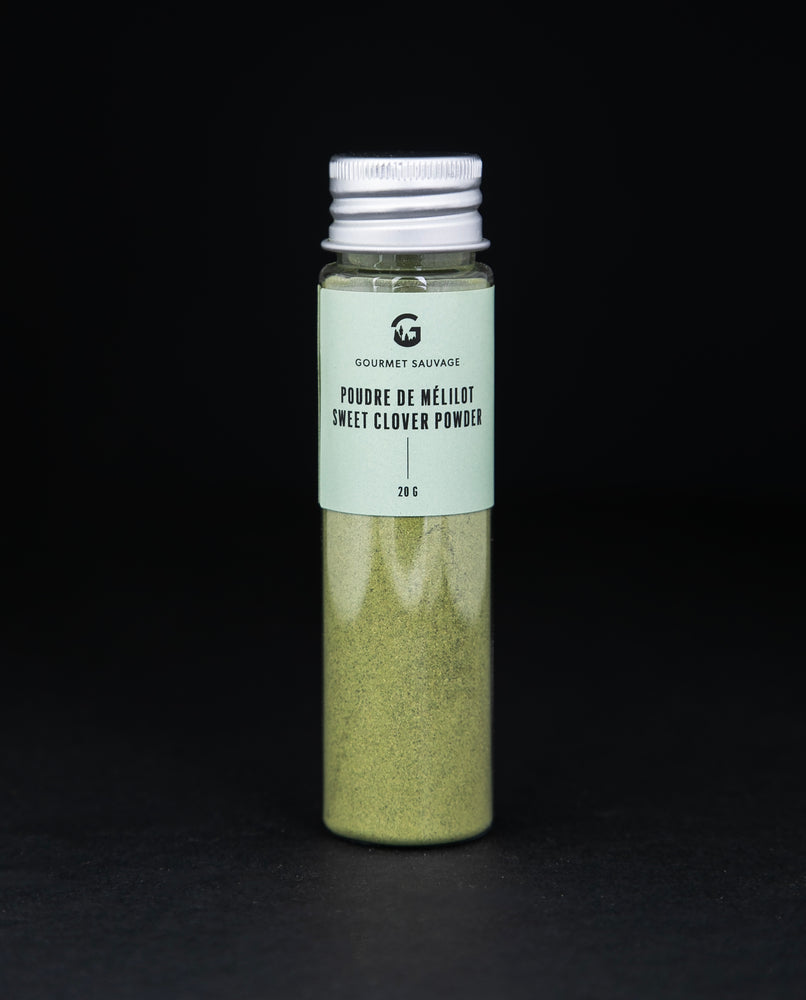 Clear tube of Gourmet Sauvage's sweet clover powder, sitting on black background. The powder is a vibrant green colour.