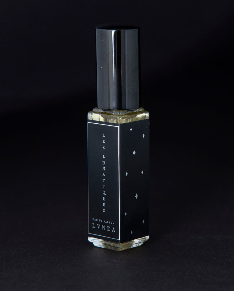A heavy, creamy, and resinous unisex fragrance by natural and botanical perfume brand LVNEA with notes of wormwood (absinthe), jasmine, copal, musk, sandalwood, and myrrh. Presented in a 8ml black glass bottle, the label reads LES LUNATIQUES EAU DE PARFUM.