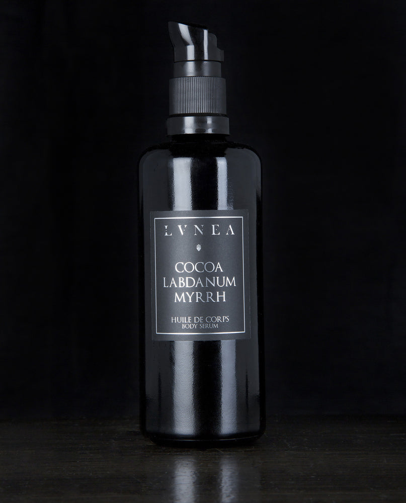 100ml black glass bottle with pump dispenser of LVNEA’s Cocoa, Labdanum and Myrrh body serum