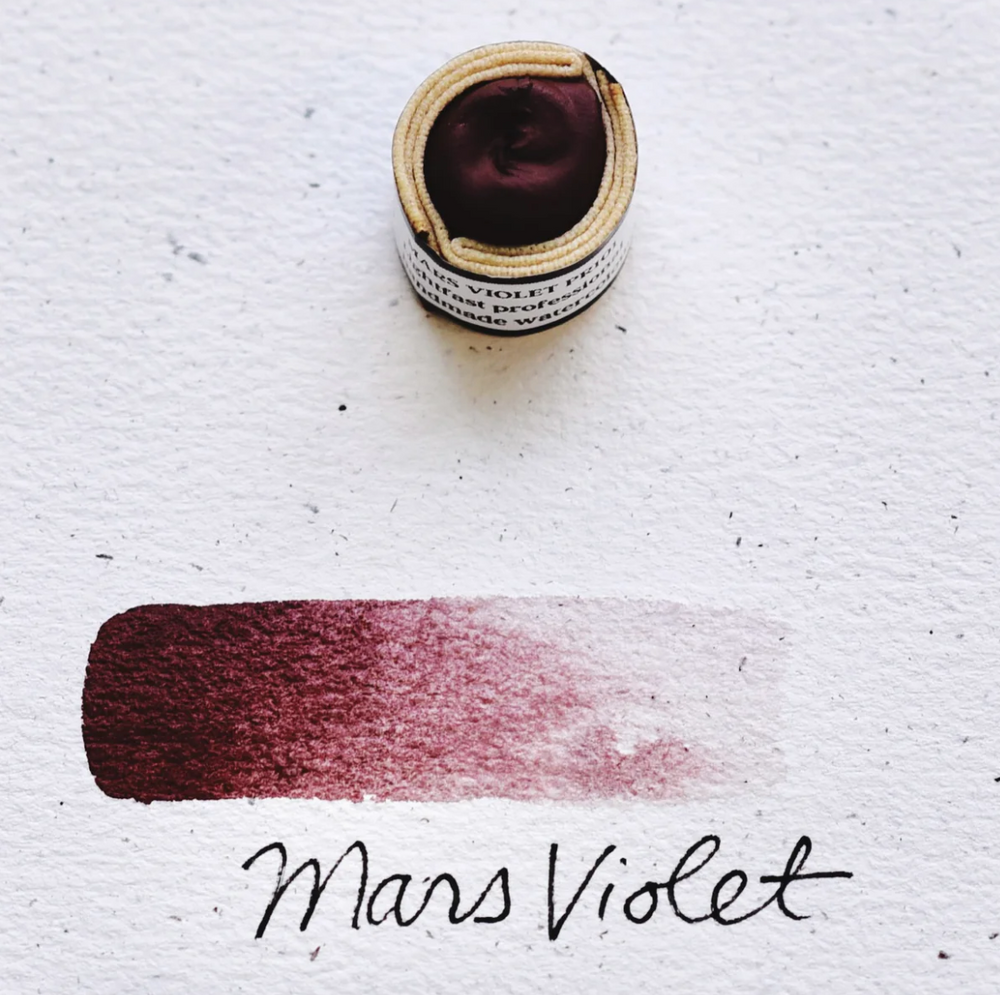 Swatch of Beam Paints' deep burgundy "Mars Violet" watercolour paintstone.