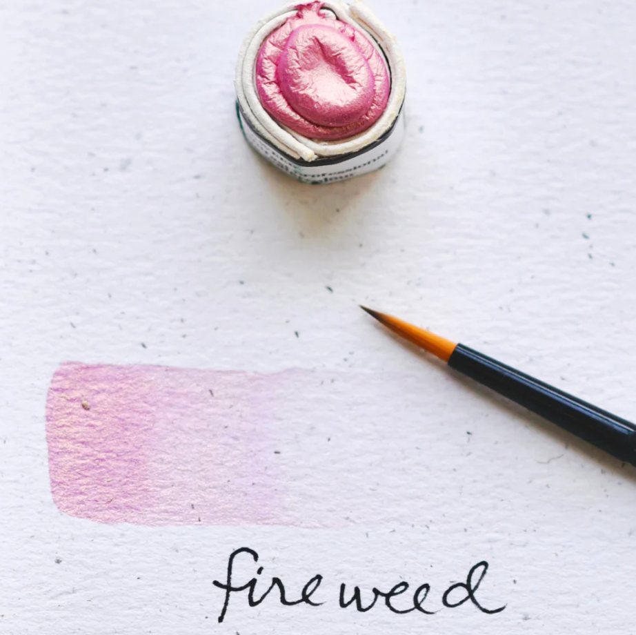 Swatch of Beam Paints' metallic rose-coloured "Fireweed" watercolour paintstone.