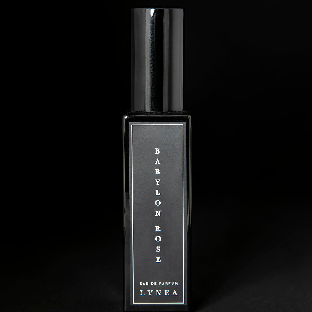 
                      
                        30ml black glass bottle of LVNEA's limited edition Babylon Rose perfume on black background.
                      
                    