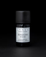5ml black glass bottle with silver label of LVNEA's benzoin oleoresin on black background