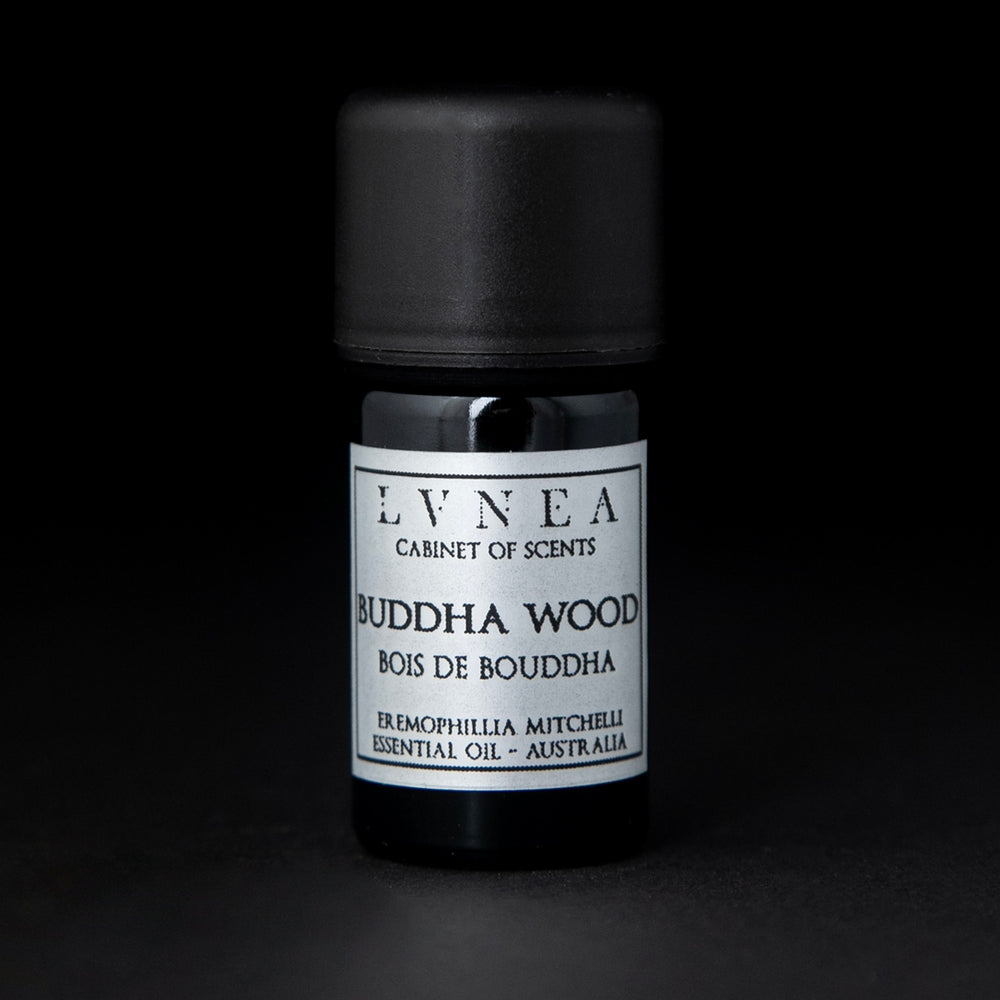 5ml black glass bottle with silver label of LVNEA's Buddha Wood essential oil on black background.