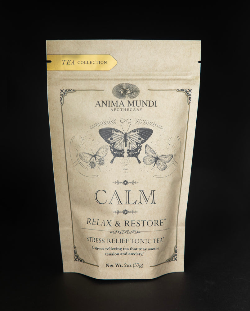 Reasealable tan-coloured bag of Anima Mundi's "Calm" tea blend. There are 3 butterflies illustrated on the bag.