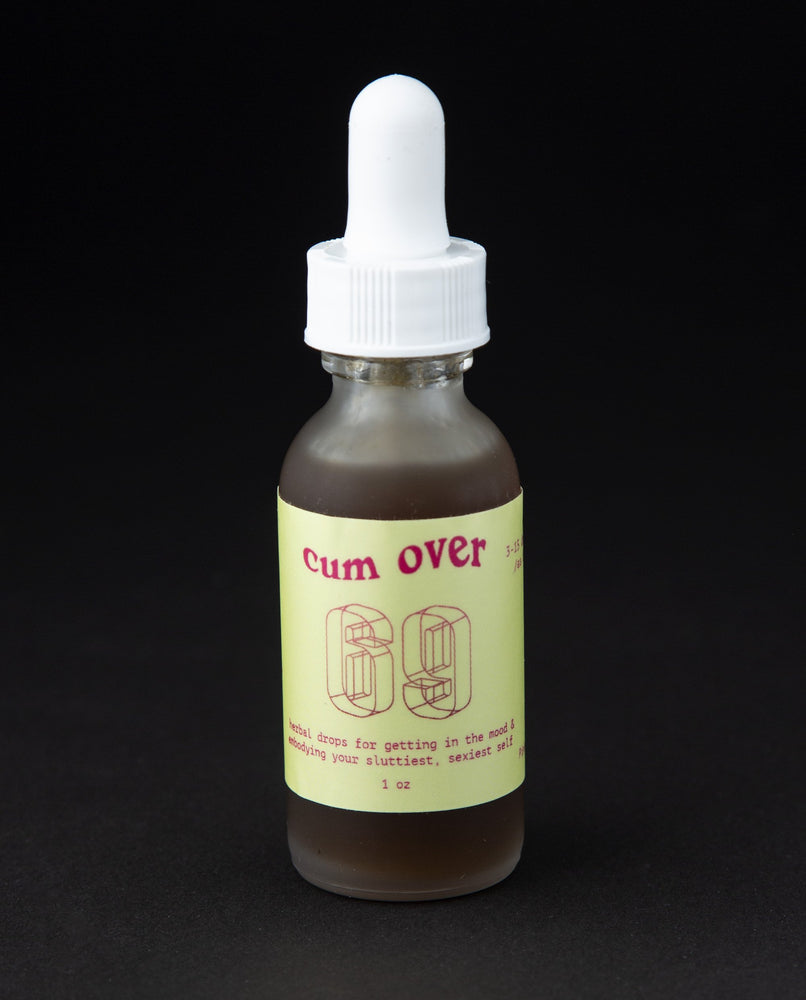 1oz frosted clear glass bottle with pastel yellow label. The bottle contains 69herbs' "cum over" herbal tincture.