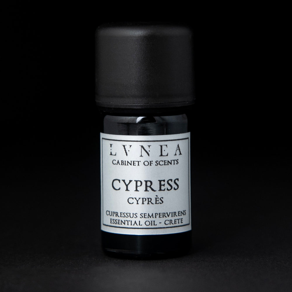 
                      
                        5ml black glass bottle with silver label of LVNEA's cypress essential oil on black background
                      
                    