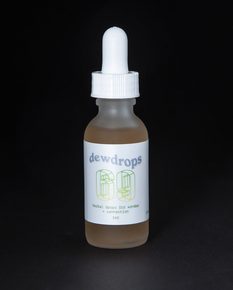 1oz frosted glass bottle with white dropper top and white label. The bottle contains 69herbs' "dewdrops" herbal tincture.