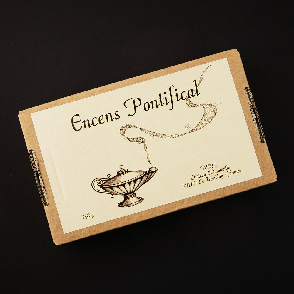 brown cardboard box containing Pontifical Incense