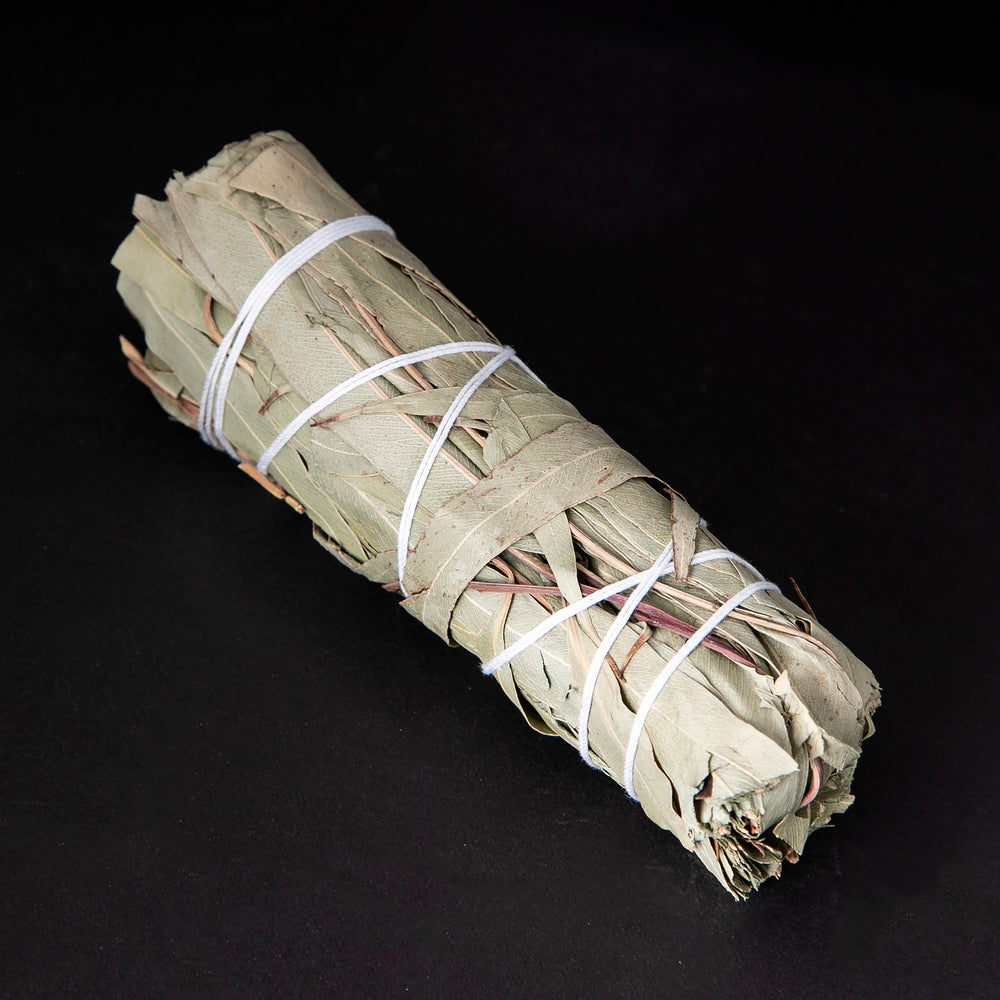 
                      
                        bundle of dried lemon eucalyptus wrapped in white string on black background.
                      
                    