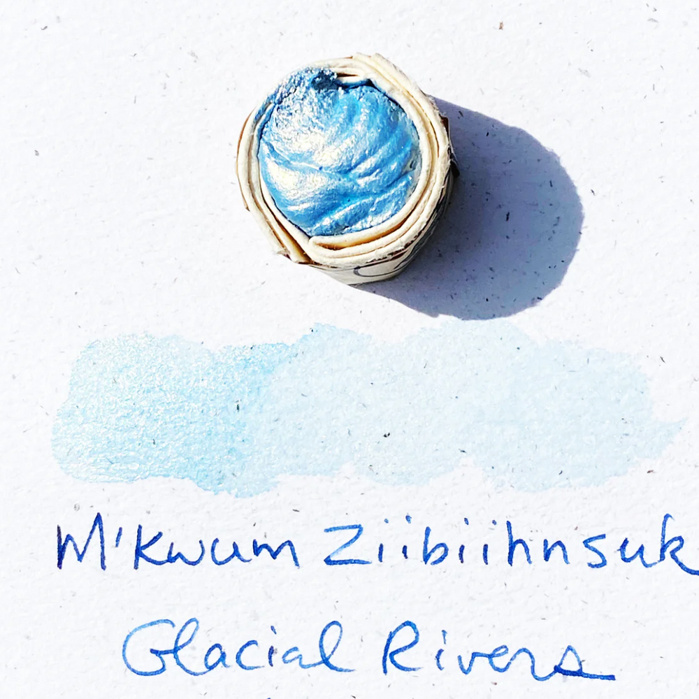 
                      
                        Swatch of Beam Paints' metallic blue "Glacial Rivers" watercolour paintstone.
                      
                    