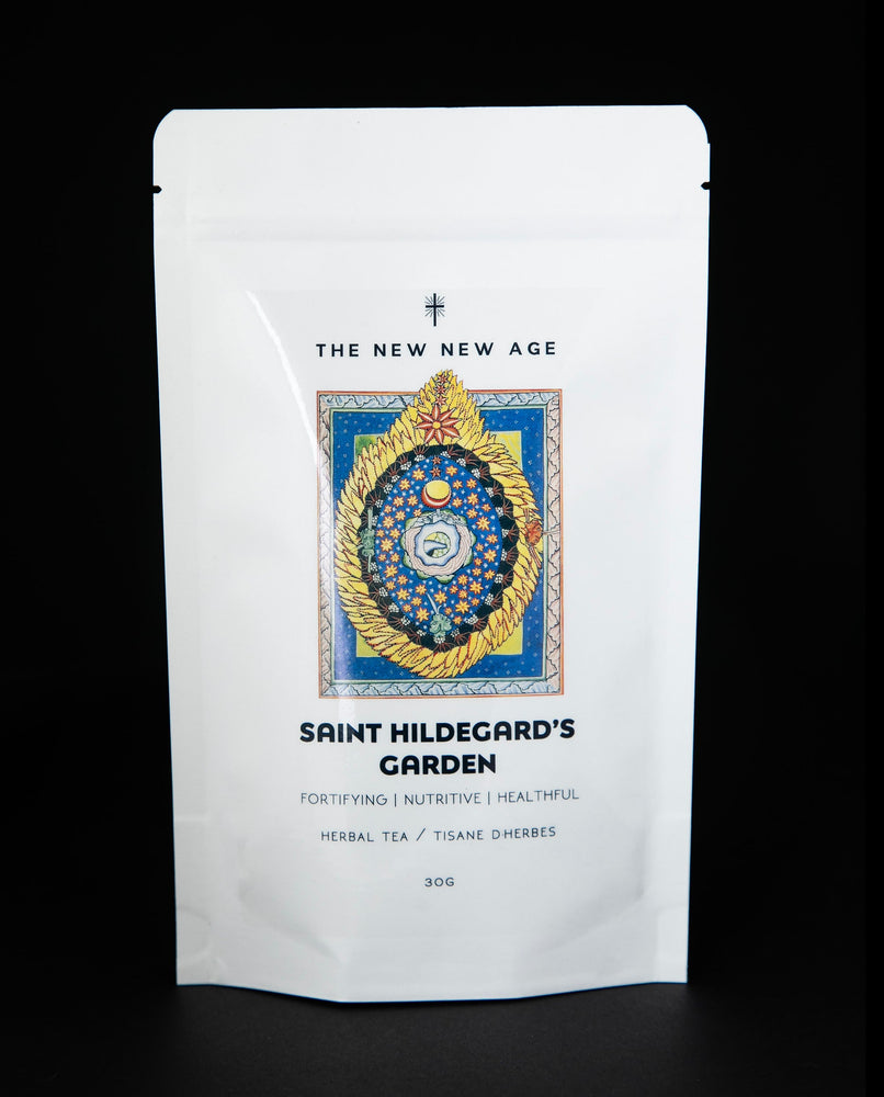 white resealable pouch of The New New Age's "Saint Hildegard's Garden" herbal tea blend.