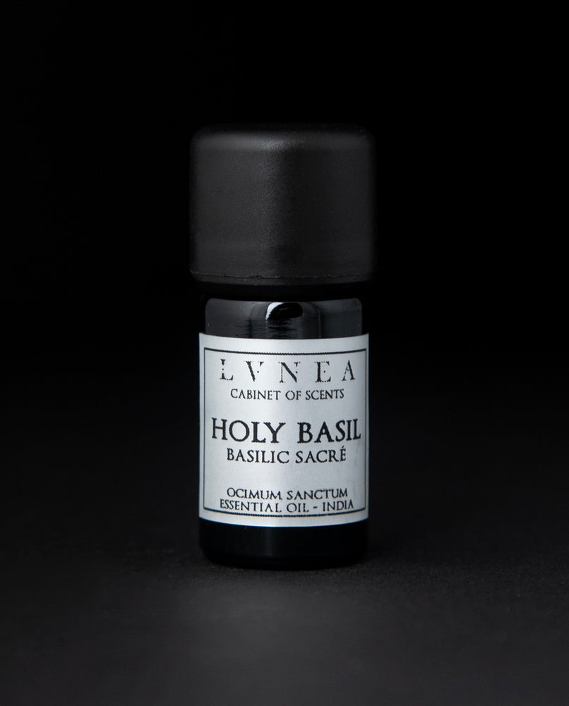 5ml black glass bottle of LVNEA's holy basil essential oil on black background. The label on the bottle is silver.
