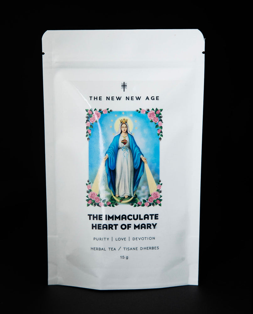 Resealable white pouch of The New New Age's "The Immaculate Heart of Mary" herbal tea. There is an image of Mother Mary surrounded by roses on the front of the bag.