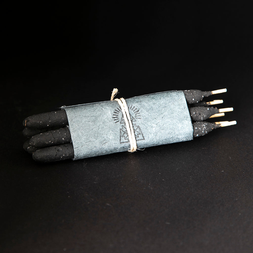 
                      
                        one bundle of Incausa's hand-rolled chacrona and jagube incense wrapped in white paper and twine, on a black background
                      
                    