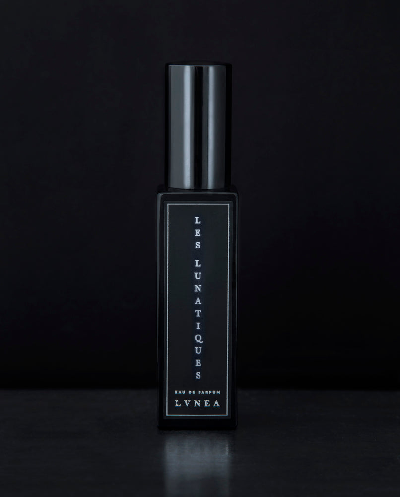 A heavy, creamy, and resinous unisex fragrance by natural and botanical perfume brand LVNEA with notes of wormwood (absinthe), jasmine, copal, musk, sandalwood, and myrrh. Presented in a 30ml black glass bottle, the label reads LES LUNATIQUES EAU DE PARFUM.