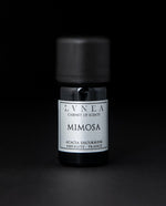 5ml black glass bottle of LVNEA's mimosa absolute on black background. The label on the bottle is silver.