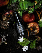 30ml black glass bottle of LVNEA best-selling natural perfume Peche Obscene lying on dirt surrounded by ripe peaches, jasmine, and botanicals