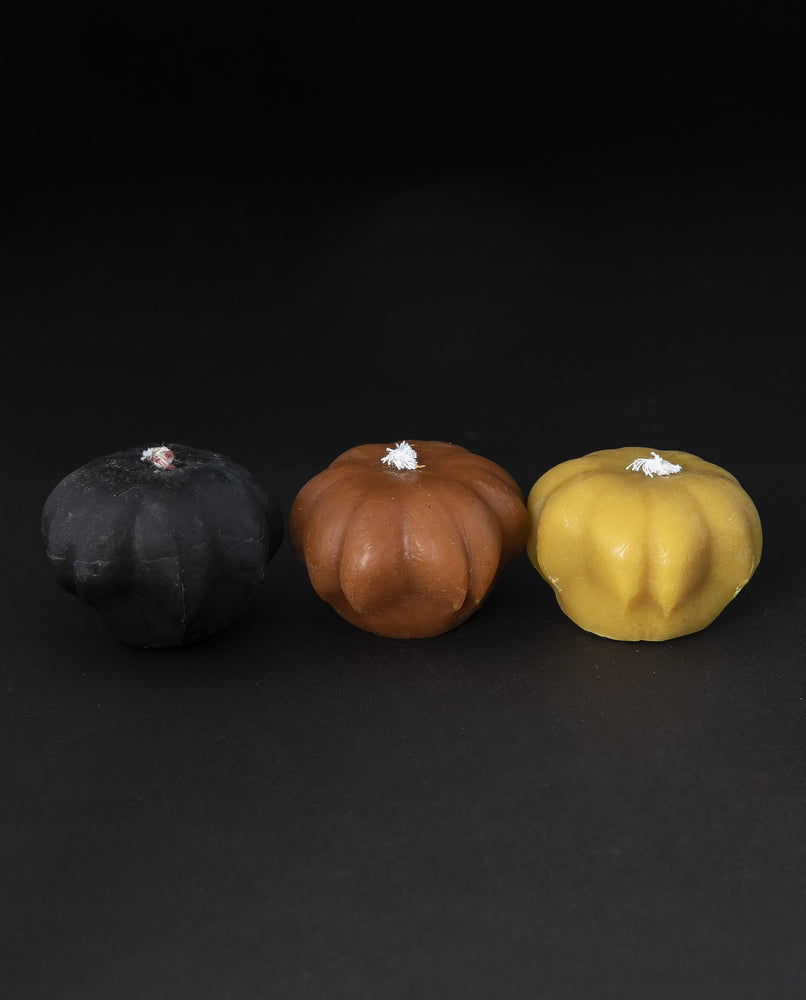 lineup of three beeswax candles shaped like pumpkins on black background