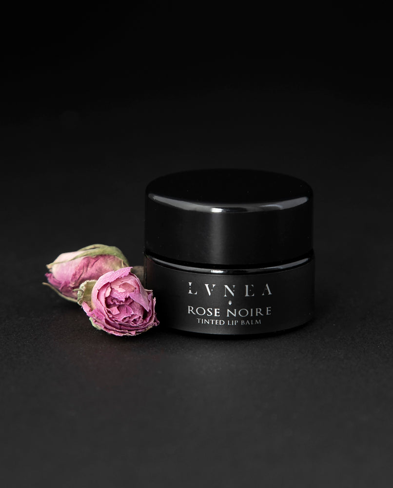 5g black glass pot of LVNEA's Rose Noire tinted lip balm on black background. There are rose buds in the foreground of the image.