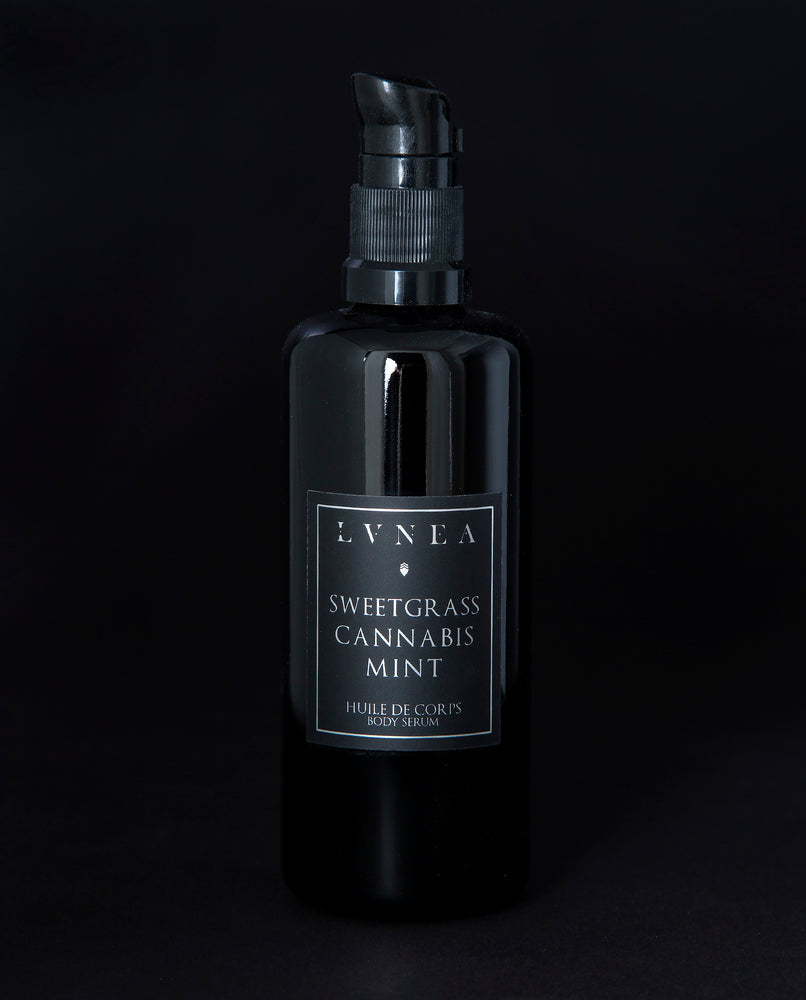 100ml black glass bottle with pump dispenser of LVNEA’s Sweetgrass and Mint body serum
