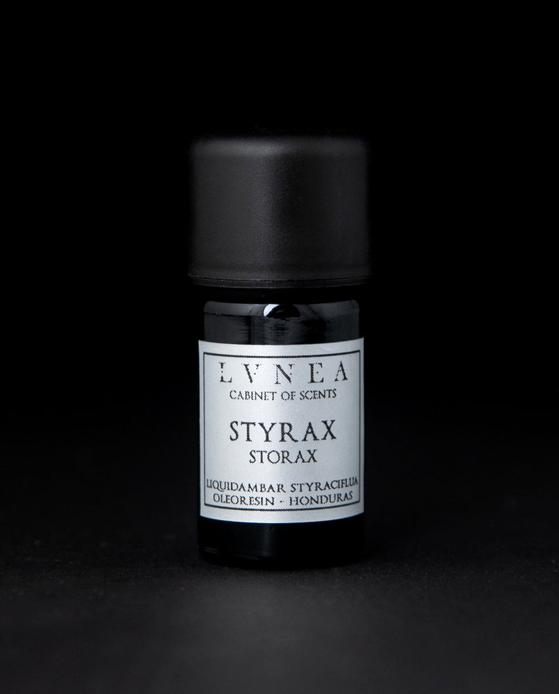 5ml black glass bottle of LVNEA's styrax oleoresin on black background. There is a silver label on the bottle.