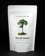 white resealable pouch of The New New Age's "Tea of Peace" herbal tea blend. There is an illustration of a tree on the bag.