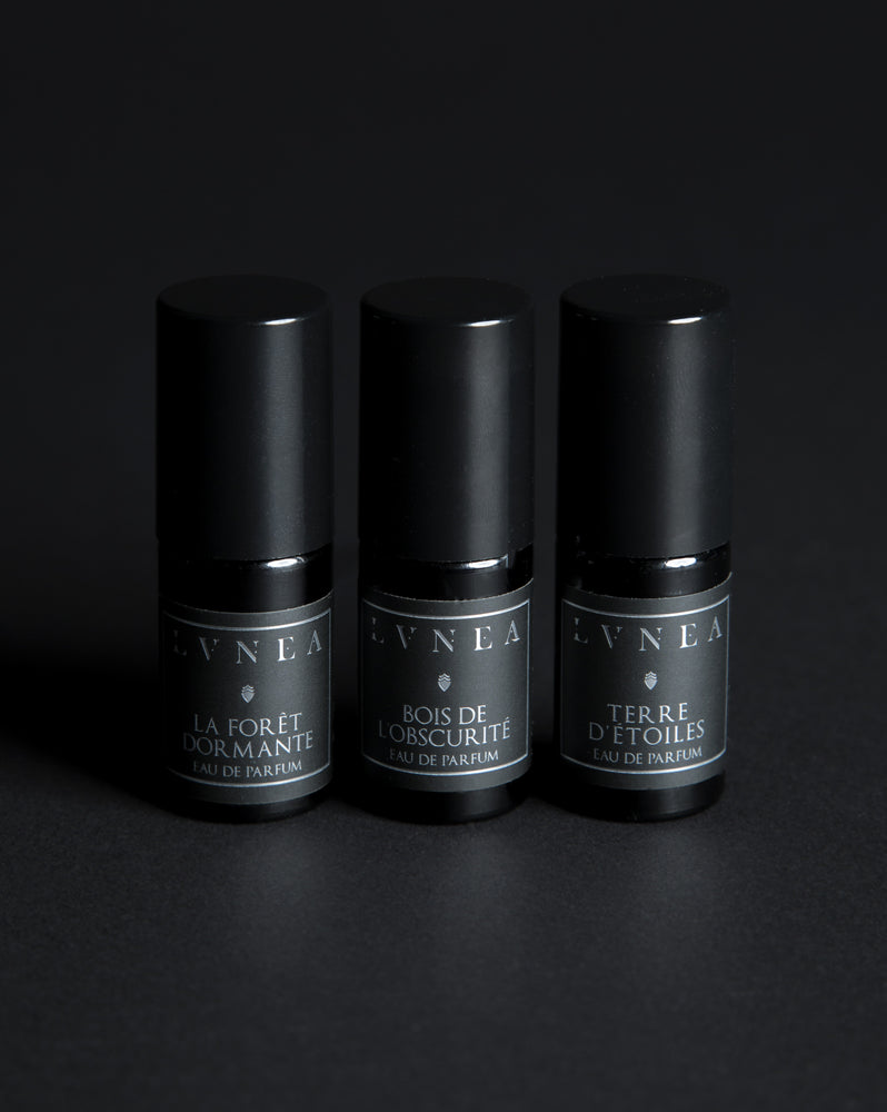 A set of three boxes of LVNEA incense cones. Each contains 20 cones housed in a recyclable black paper pyramid box with a black elastic closure. The labels are black with silver lettering each respectively describing the products as follows Solstice d'hiver features vetiver, woodsmoke, silver fir, labdanum, and juniper. Lune Noire myrrh, patchouli, opoponax, cassia and ravensara. Feu de joie features of frankincense, cedarwood, yuzu, and woodsmoke.