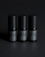 A set of three boxes of LVNEA incense cones. Each contains 20 cones housed in a recyclable black paper pyramid box with a black elastic closure. The labels are black with silver lettering each respectively describing the products as follows Solstice d'hiver features vetiver, woodsmoke, silver fir, labdanum, and juniper. Lune Noire myrrh, patchouli, opoponax, cassia and ravensara. Feu de joie features of frankincense, cedarwood, yuzu, and woodsmoke.