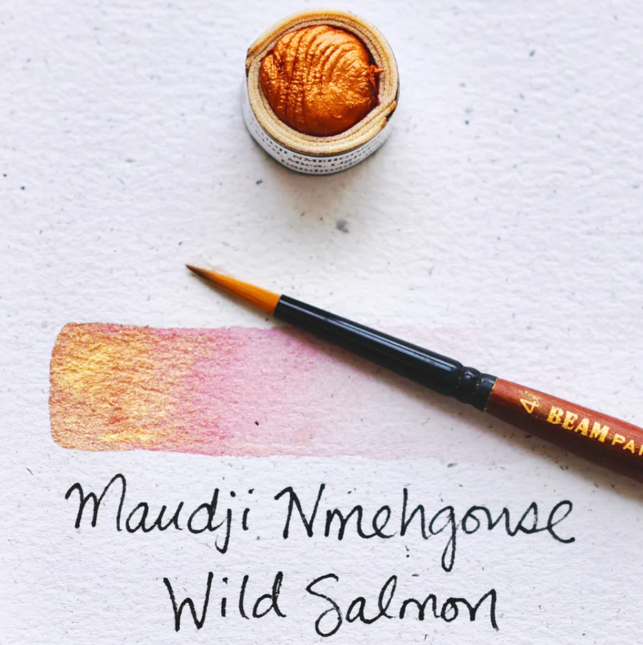 
                      
                        Swatch of Beam Paints' metallic orangey pink coloured "Wild Salmon" watercolour paintstone.
                      
                    